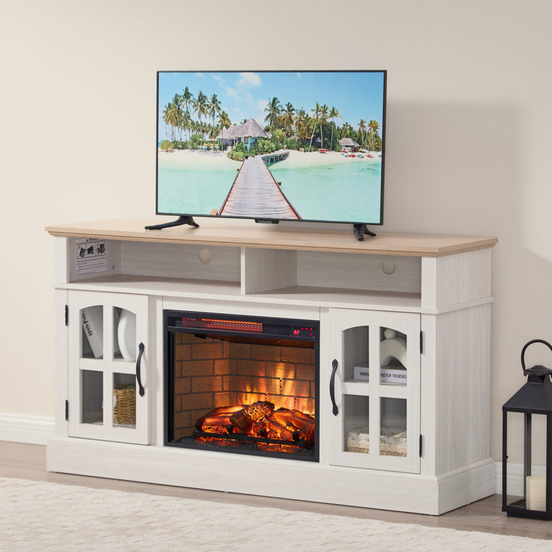 Meuble télé polyvalent avec foyer et portes vitrées pour le salon