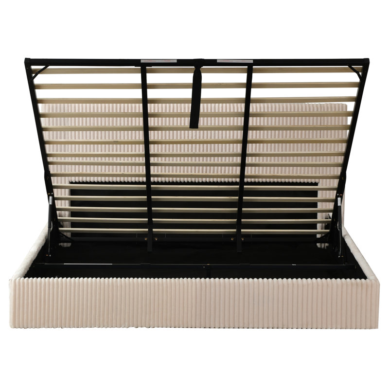 Lit plateforme tapissier hydraulique avec rangement relevable, Beige, Très grand