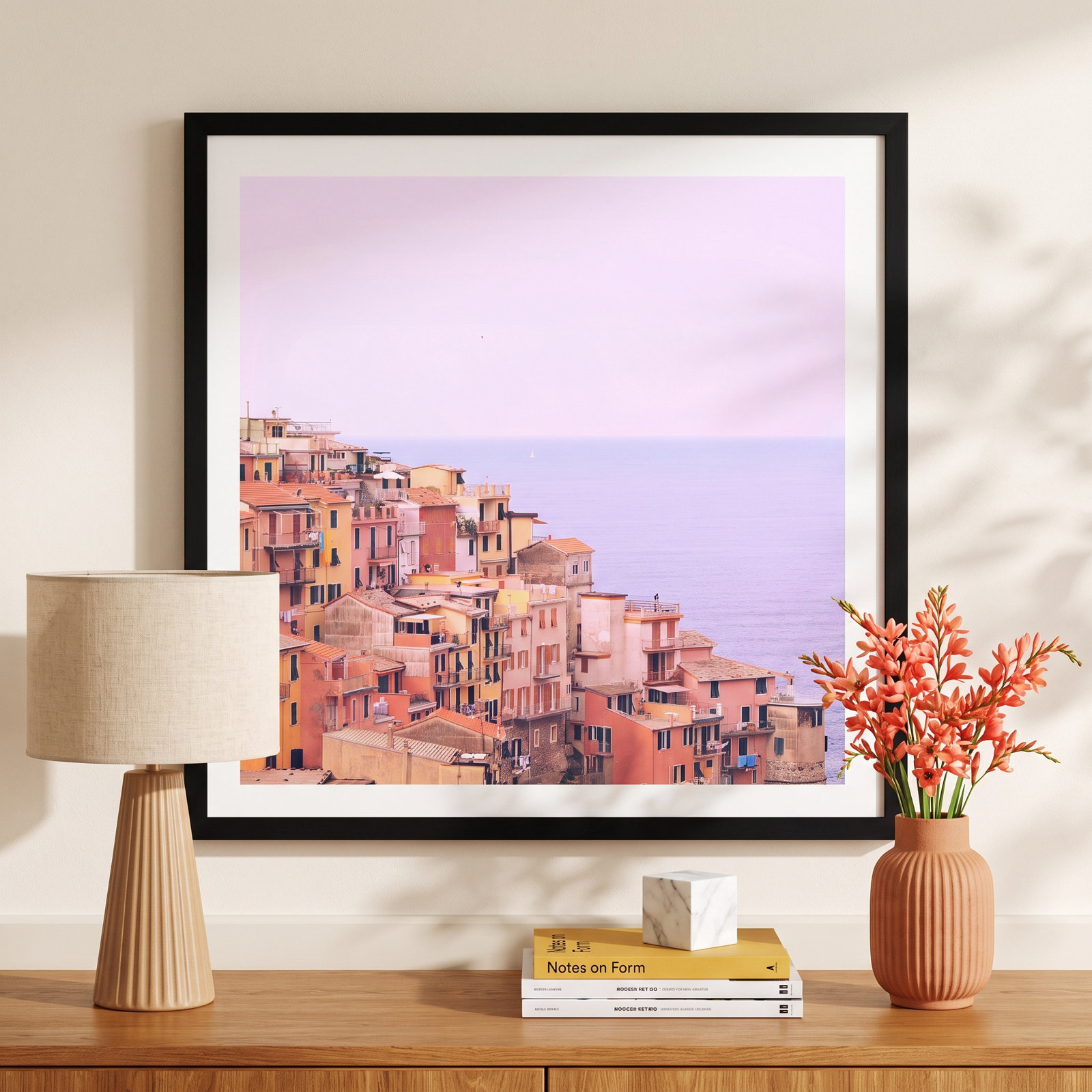 Zarina "Dreamy Cinque Terre" Print, 12" H x 12" W x 2" D, Black Floater Framed, No