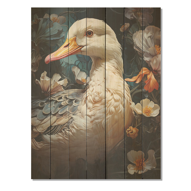 Élégance florale à plumes de canard blanc - animal canard sur bois, H 20 po x l 10 po