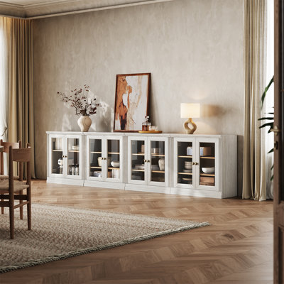 Monos 126.8" Modern Modular Sideboard with Glass Doors, 4-Cabinet Display Cabinet, White