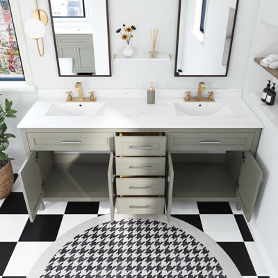 Meuble-lavabo double 72,59 po avec dessus en pierre reconstituée Tanney
