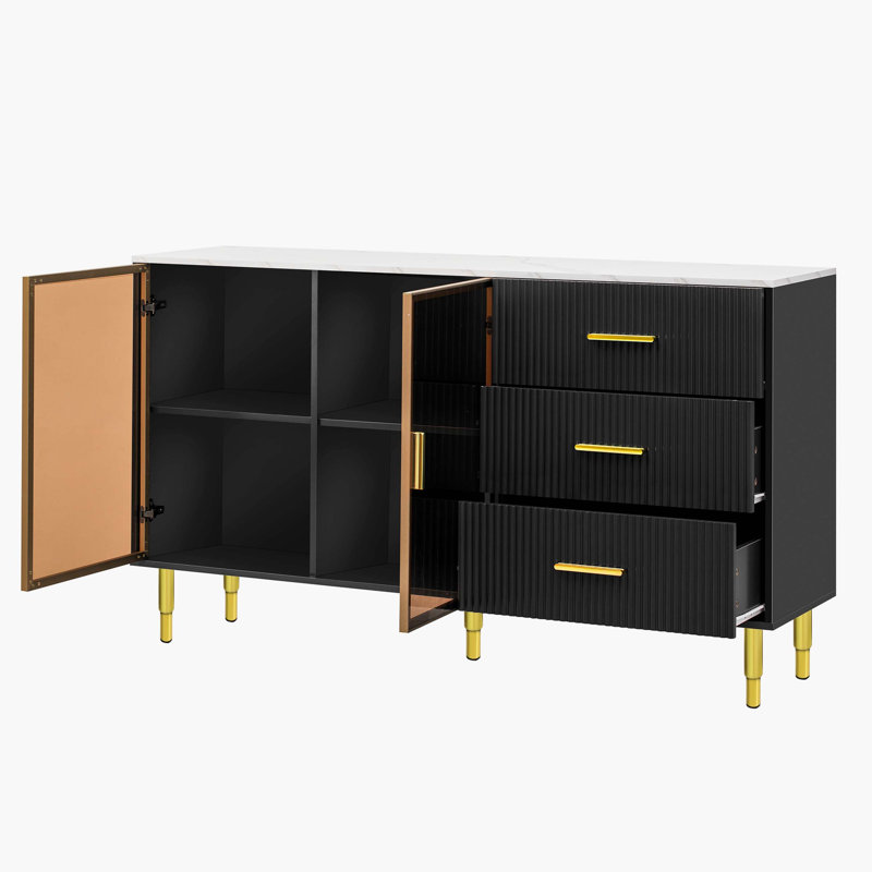 Modern Sideboard Buffet Cabinet with Marble Top & Amber Glass Doors – Storage Cabinet with Gold Legs & Handles, Black