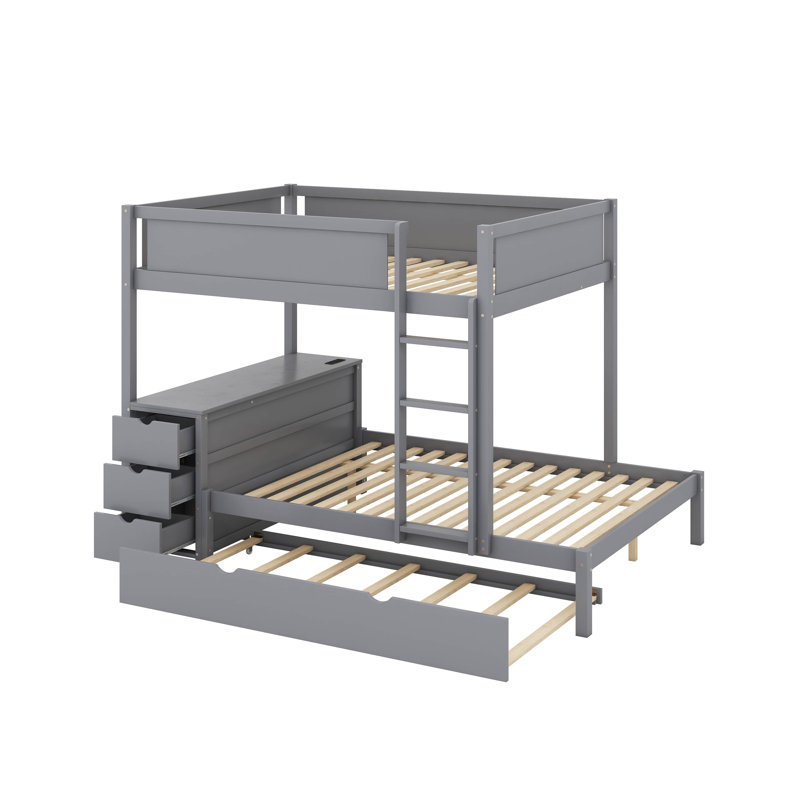 Bunk Bed With Desk, Storage Drawers And Trundle, Gray, Twin Over Twin