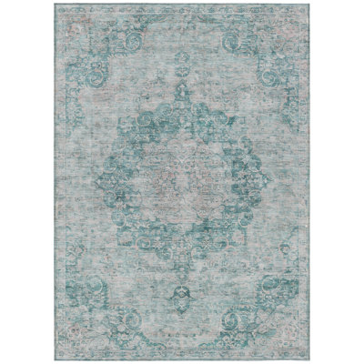 Arienne Teal Washable Indoor-Outdoor Rug - LOOMLAN