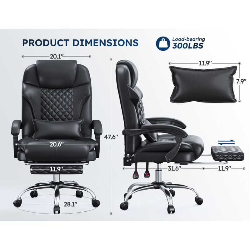 Big And Tall Executive Office Ergonomic Chair With Footrest And Lumbar Support, Black