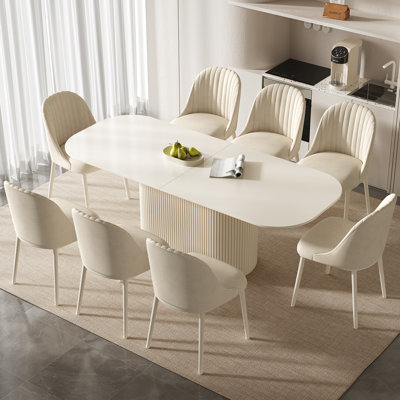 86.61" Modern Kichen Table Set For 8, Oval Cream White Dining Table Set with 8 Chairs for Kitchen, Bar, Dining Room