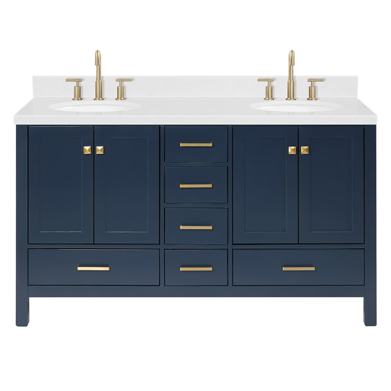 Cambridge 60.25'' Double Bathroom Vanity with Carrara Quartz Top, Midnight Blue / Satin Brass