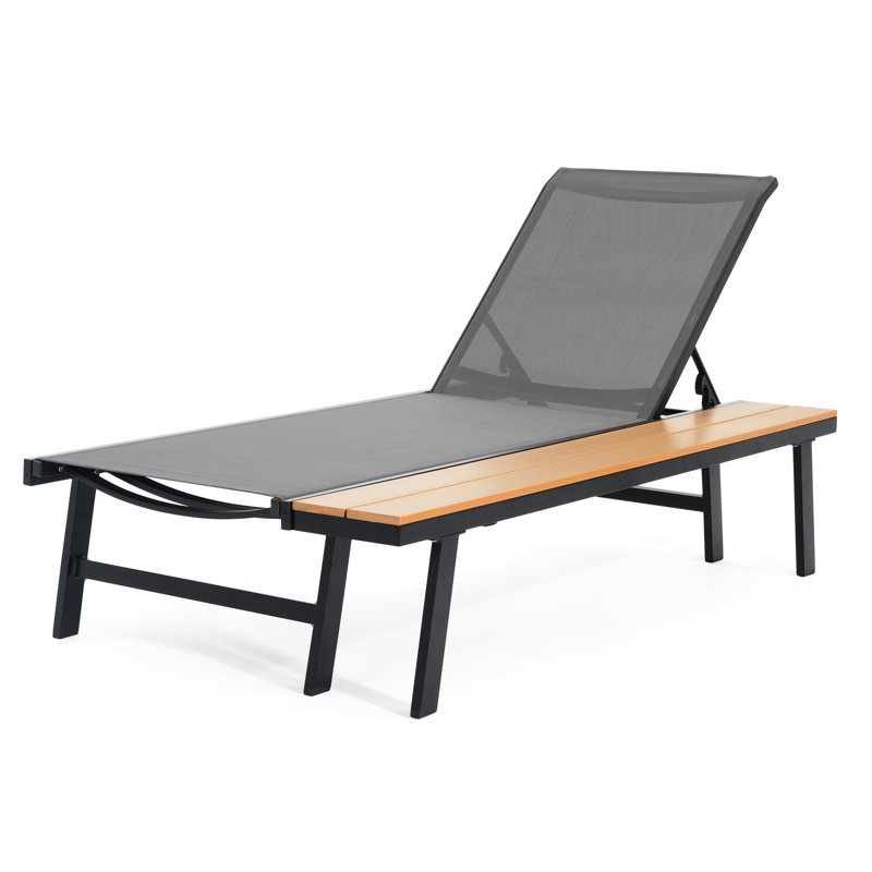 Méridienne légère en aluminium pour le jardin avec entretien - table d'appoint, 5 positions réglables, assise en filet, structure en grain de bois de 77 pouces de profondeur