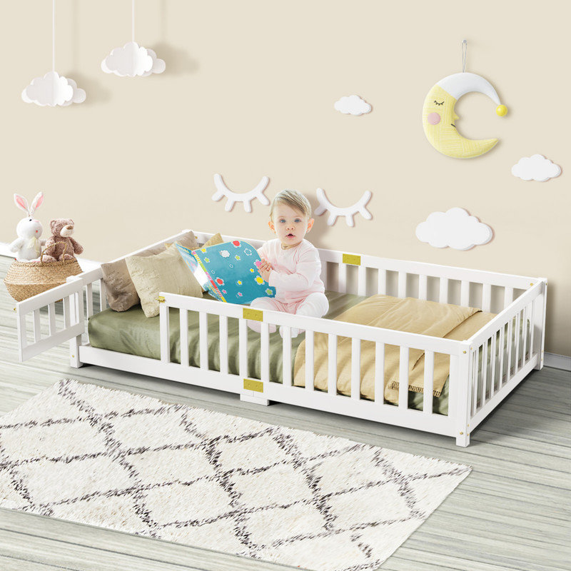 Twin/Full Size Floor Bed, Solid Wood Montessori Bed Frame With Door And Safety Guardrails, Twin