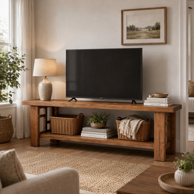 55" Solid Wood TV Stand Fits up to 60 Inch TVs, Large Farmhouse TV Console with 2-Tier Open Shelves