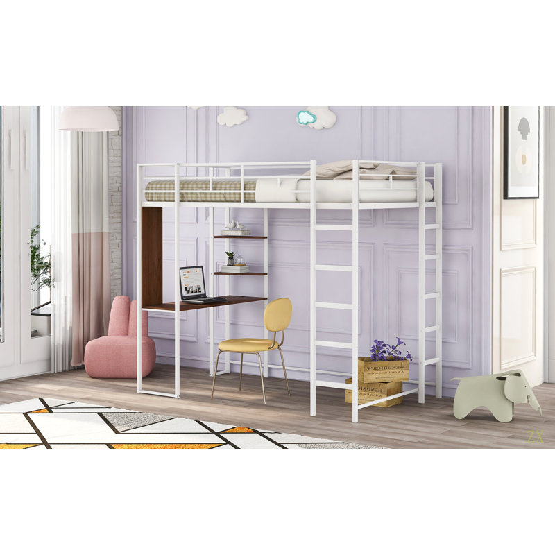 Lit mezzanine simple en métal avec 2 tablettes et un bureau, Blanc