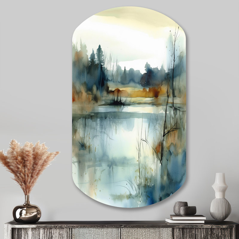 «Summer Lake Landscape Illustration II - Asymmetric Lake», reproduction d'art murale en métal, H 43 po x l 23 po