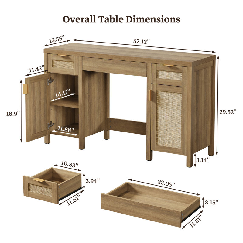 Bohemian Rattan 3-Drawer And 2-Cabinet Makeup Vanity Desk With Adjustable Shelves, Natural Oak