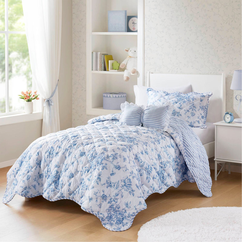 Ensemble de courtepointe 3 pièces pour lit simple / simple TG avec coussin décoratif, bleu