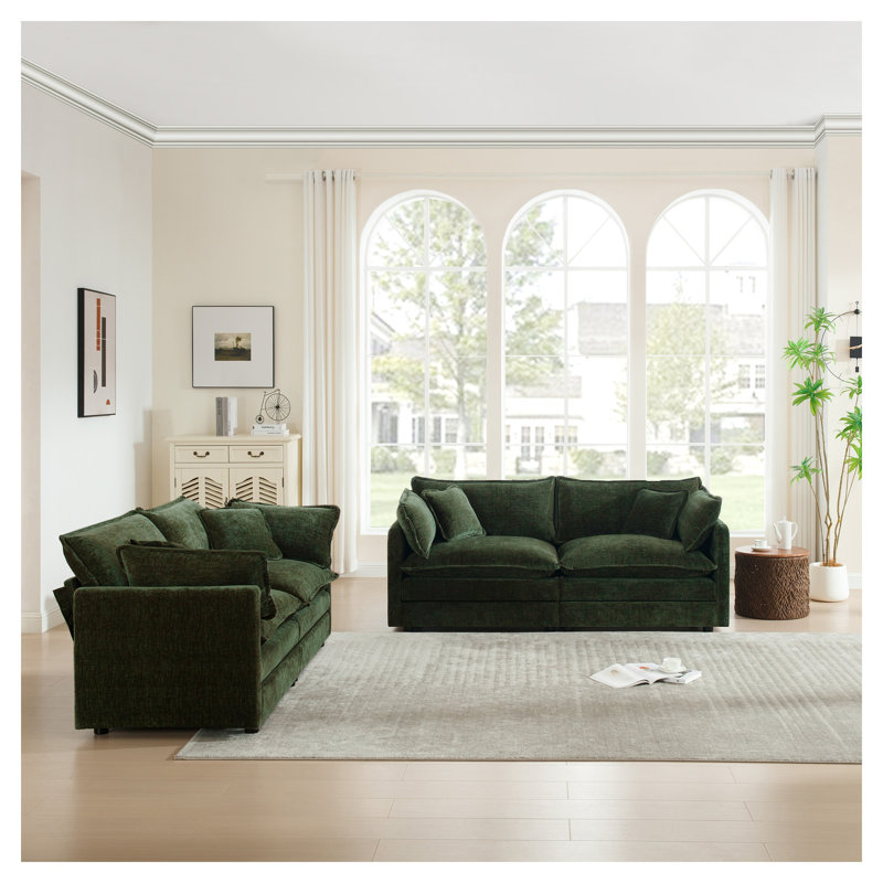 Ensemble de canapé modulaire en chenille vert 2 pièces, causeuse 2 places et canapé, Vert