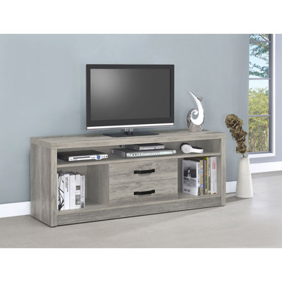 Meuble télé en bois d'ingénierie avec abat-jour en bois flotté gris, deux tiroirs pour un grand espace de rangement, style rustique vieilli et finition lisse, complète les meubles, 2 tiroirs avec une finition de 23,5 pouces de hauteur,
