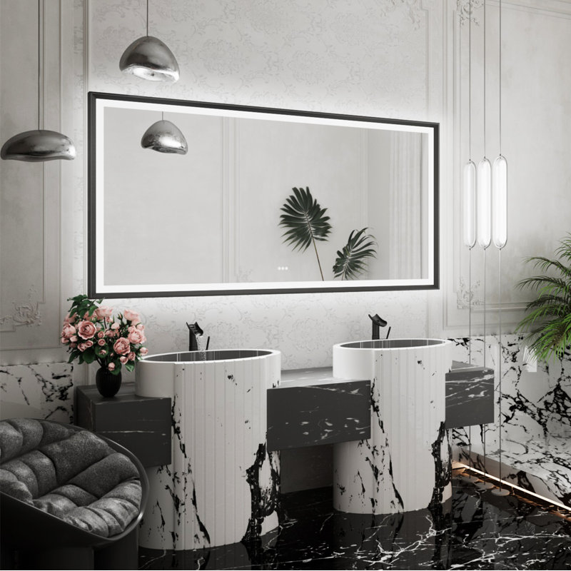 Miroir de salle de bain à DEL New Rockford, 72 po x 36 po, Noir, Rectangulaire