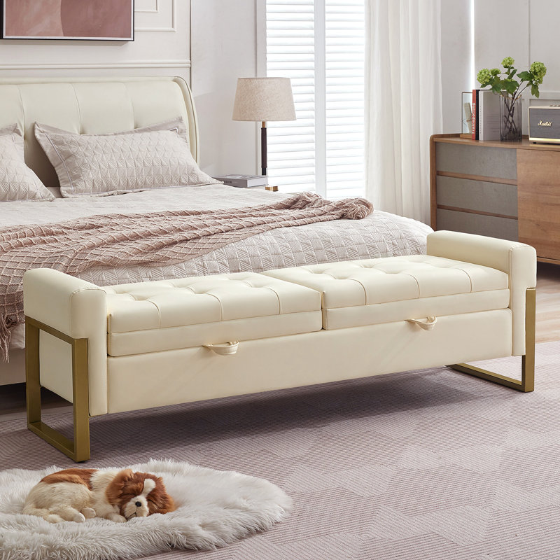 66'W Faux Leather Storage Bench for End of Bed Bedroom King Size with Arm and Metal Gold Legs, Black