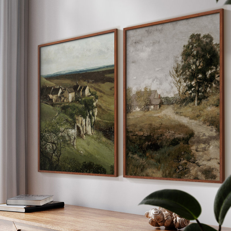 «Vintage Landscape XLV», impression giclée sur cadre - ensemble de 2, Noyer, H 23 po x l 58 po