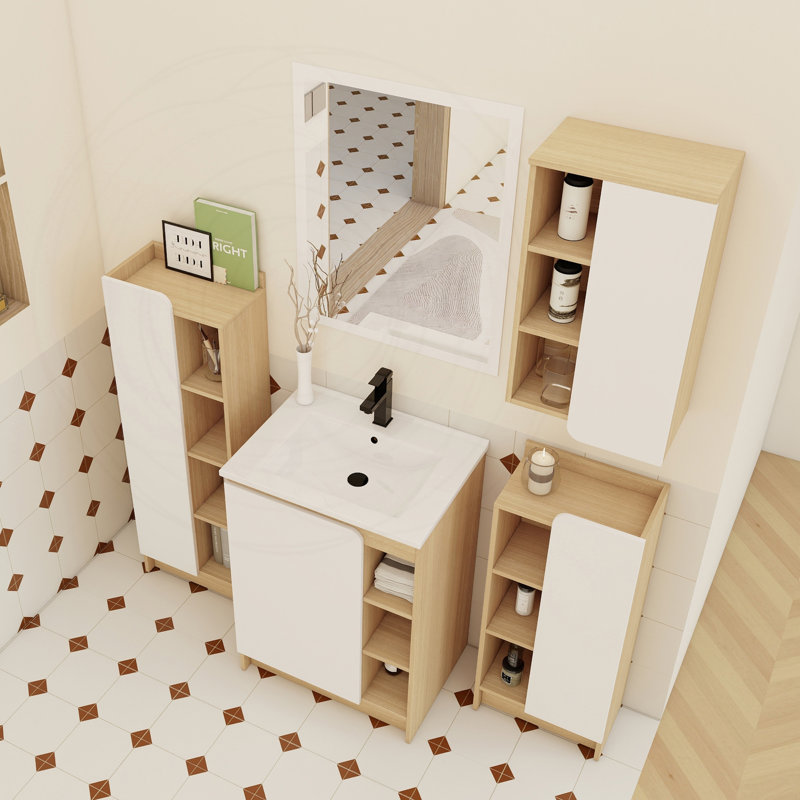 Ensemble de meuble-lavabo 4 pièces en chêne clair avec lavabo en céramique