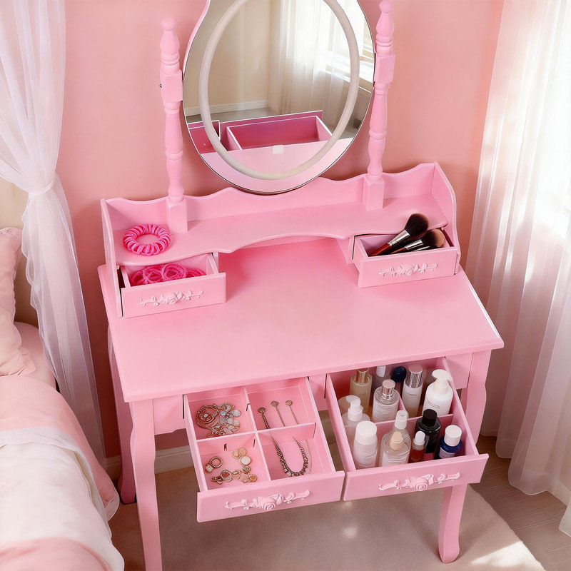 Ensemble de coiffeuse avec miroir et tabouret rembourré Pink Princess, Rose