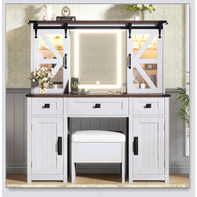 Farmhouse Makeup Vanity Desk With Lighted Mirror, Storage Stool, And Charging Station, Featuring Sliding Barn Door And Ample Storage
