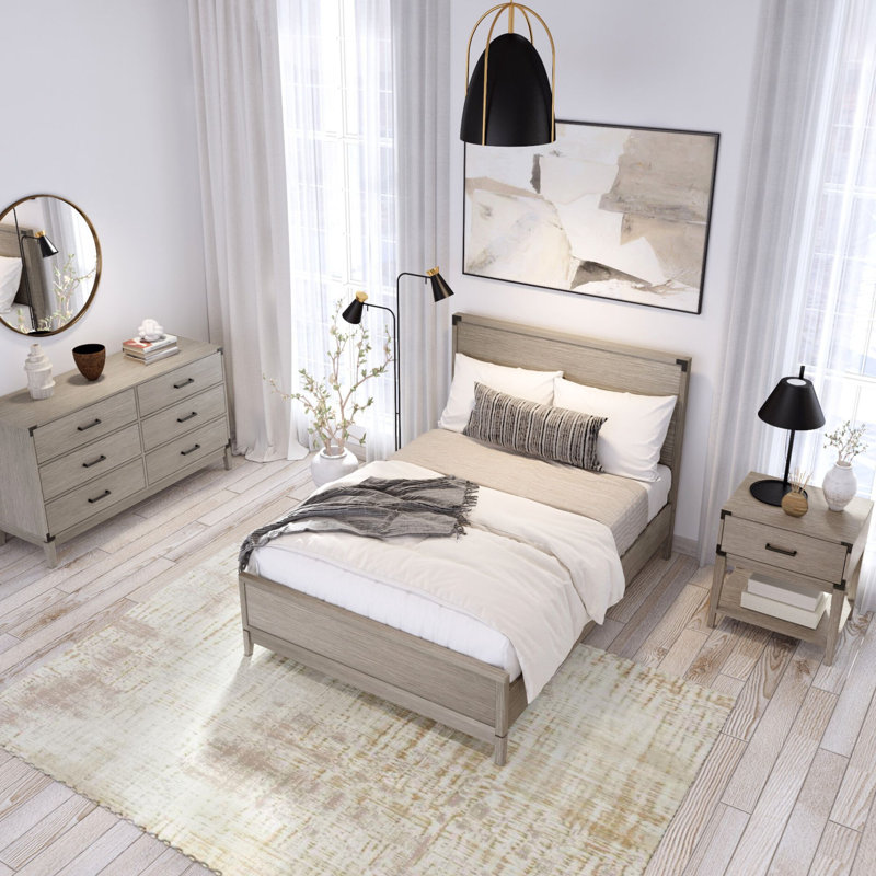 Aydin Solid Wood Panel Bed, Seashell Wirebrush