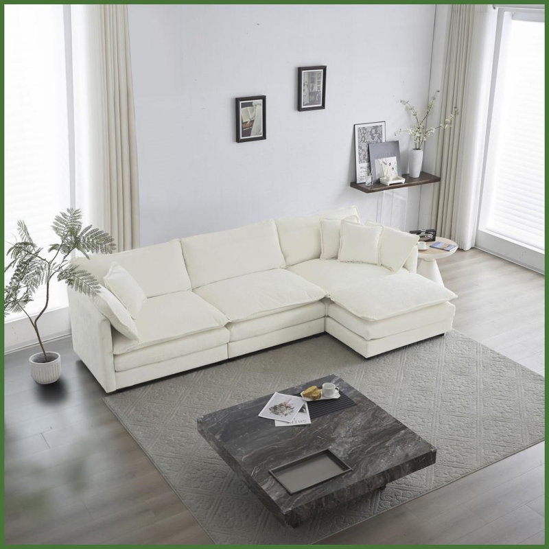 Canapé modulaire en L moderne avec repose-pieds réversible en chenille blanc moderne - confortable et flexible pour le salon