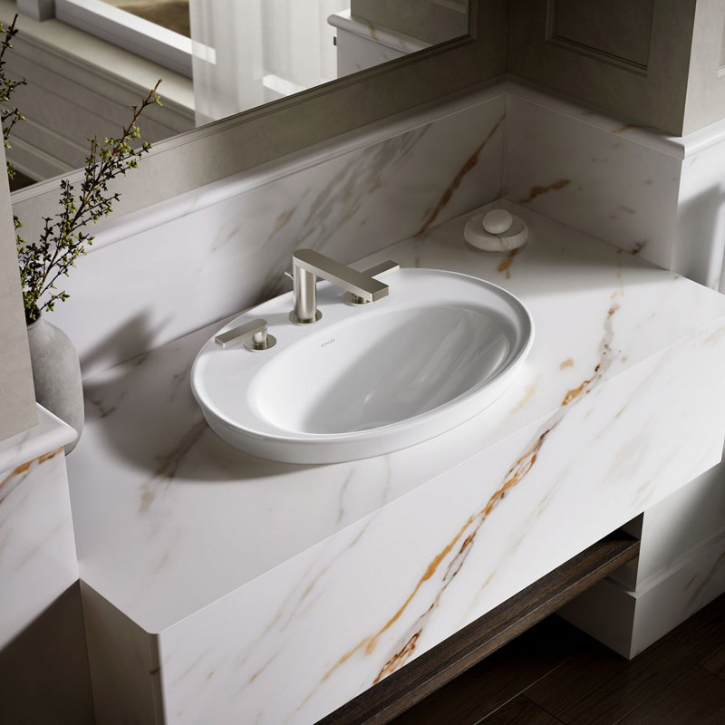 Serif Ceramic Oval Drop-In Bathroom Sink with Overflow, White, 8'' Widespread