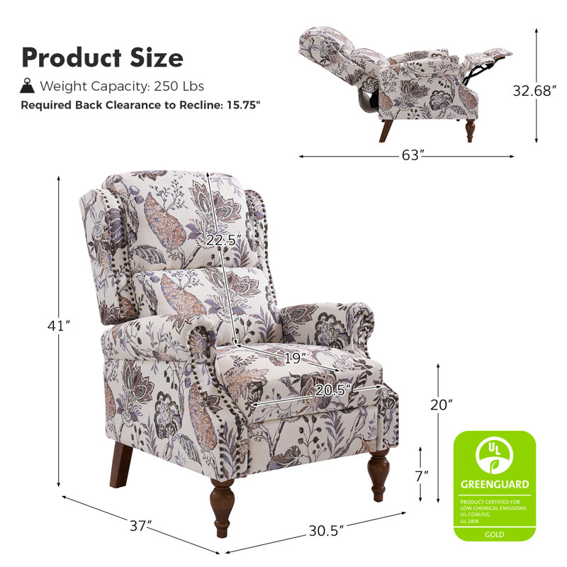 Ariany 30.5" Floral Manual Recliner with Nailheads (Set of 2), Green Polyester