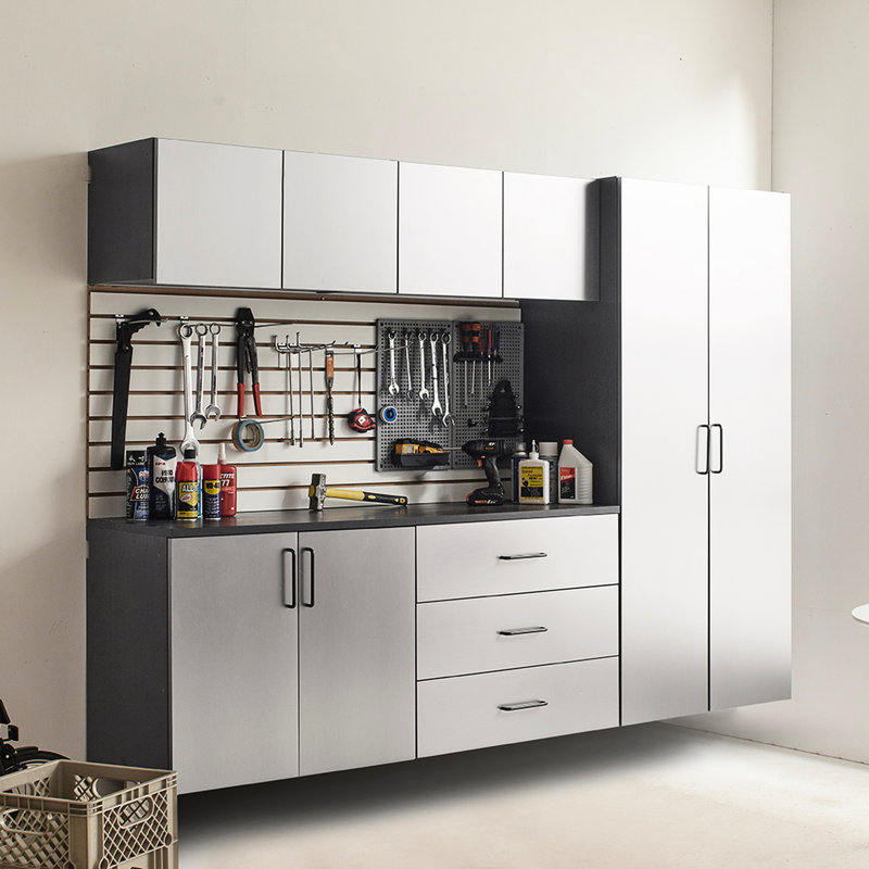 Series, Garage Cabinet , Metallic Gray Finish, Drawers, Water And Heat Trait, 2X Thicker Edge Banding, Shelf Provision, Double Metal Bracket 6 B, 96 In. W X 79 H 20 D, Drawers Doors, Nature, Device