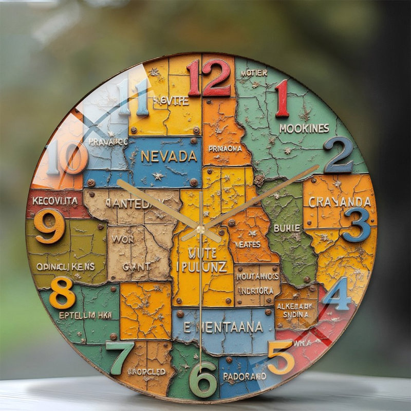 Horloge murale colorée rétro avec carte de l'État - horloge murale moderne en verre 12 po