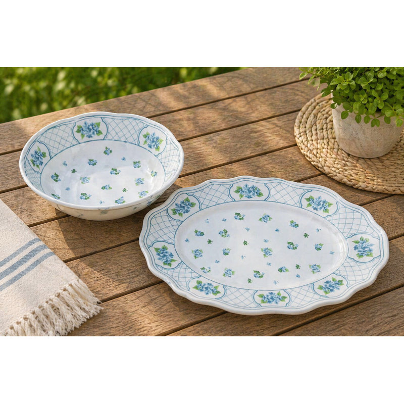 Blue Hydrangea Melamine Serving Set, White, Blue, Orange