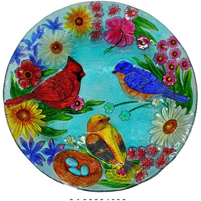 18" Decorative 3 Birds Glass Plate Bird Bath