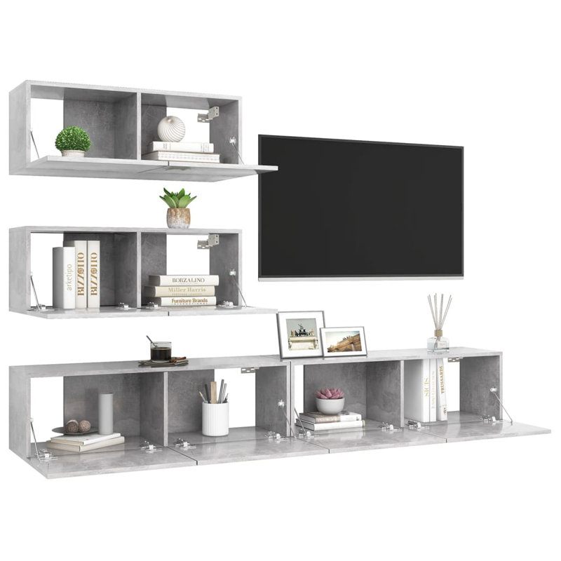 Meuble télé 4 pièces Meuble télé Console en bois d'ingénierie, Gris béton