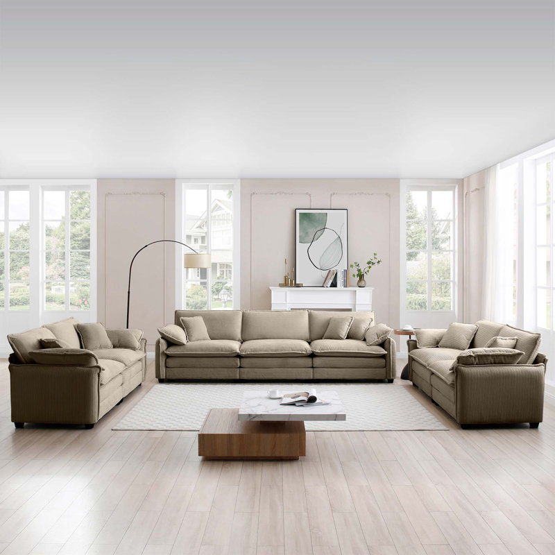 Ensemble de salon moderne 3 pièces, deux canapés 2 places et un canapé 3 places, grand canapé rembourré à assise profonde avec coussin et coussins, velours côtelé brun clair