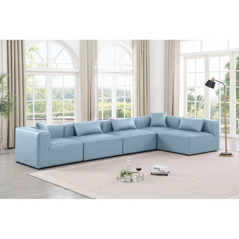 Canapé modulaire en similicuir 5 pièces Ivion, Cuir végétalien bleu clair