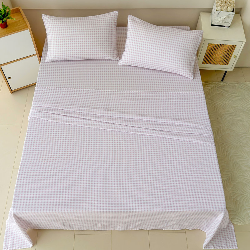 Ensemble de draps en vichy, microfibre prélavée ultra-douce, Ensemble de draps très grand + 2 taies d'oreiller, Vichy rose