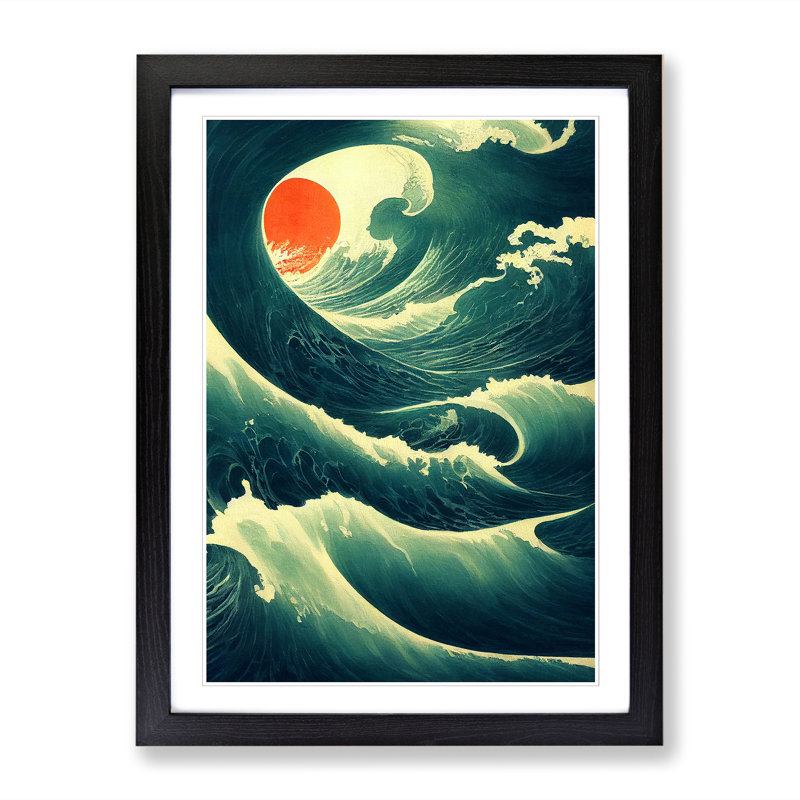 Seascape Ocean Chinese - Single Picture Frame Painting, 64cm H x 46cm W x 2cm D, Black