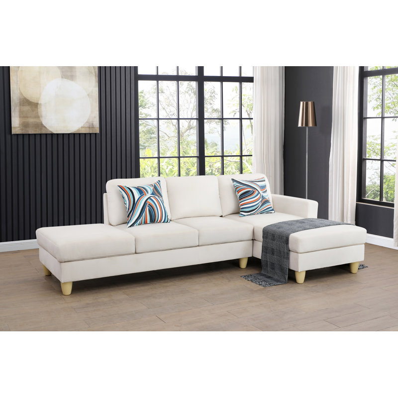 Lasharon Upholstered L-Shaped Sectional, Right Hand Facing, Off White Microfiber/Microsuede