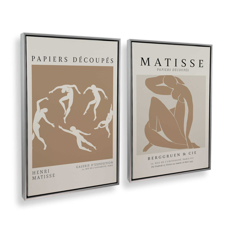 Ensemble de 2 Matisse La Danse et Nus Brun, Cadre flottant en chrome poli, H 19 po x l 26 po