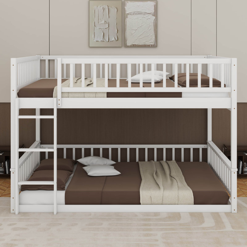 Queen Over Queen Bunk Bed With Ladder And Guardrails, White