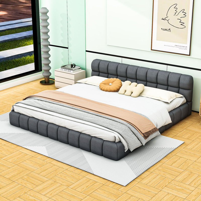 Très grand lit plateforme tapissier avec design élégant et tête de lit, Gris