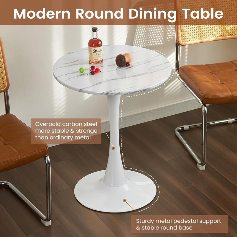 White Marble Round Dining Table, 23.6 Inches Modern Kitche...