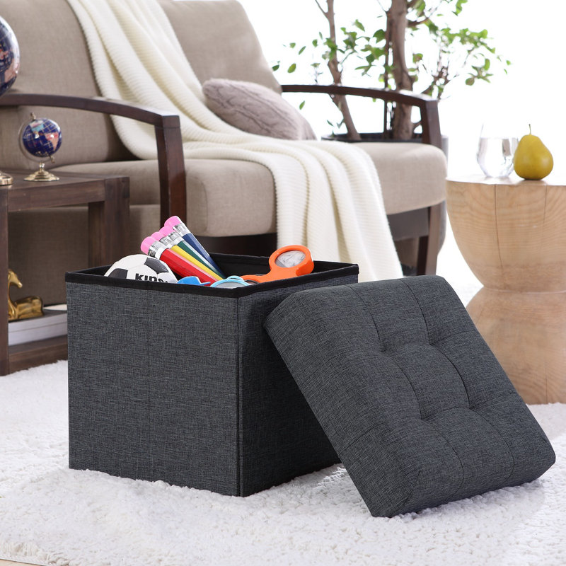 Lambertville Upholstered Ottoman, Black Linen