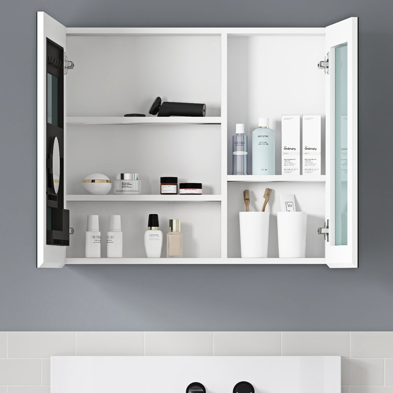 Armoire à pharmacie murale en bois d'ingénierie l 30 po x H 26 po à fixation murale pour salle de bain 2 en 1 avec maquillage et rangement pour dentifrice exfoliants