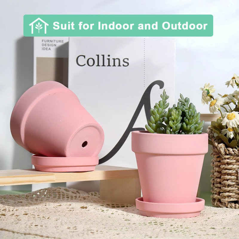 6 Inch Terracotta and Clay Pots for Plant with Saucer, Peach Pink