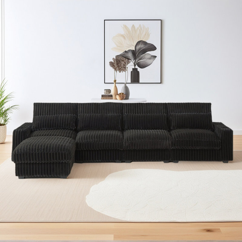 L-Shaped Corduroy Modular Sectional Sofa Couch with Movable Ottoman, Black Corduroy