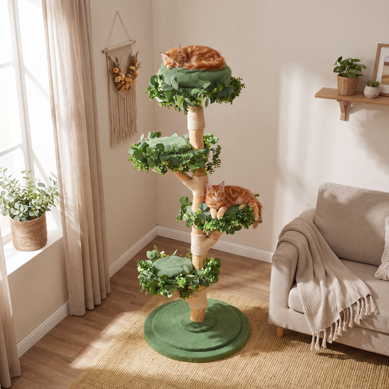 Solid Wood Cat Tree, 59.06" Tall Cat Tower for Multi-Cats